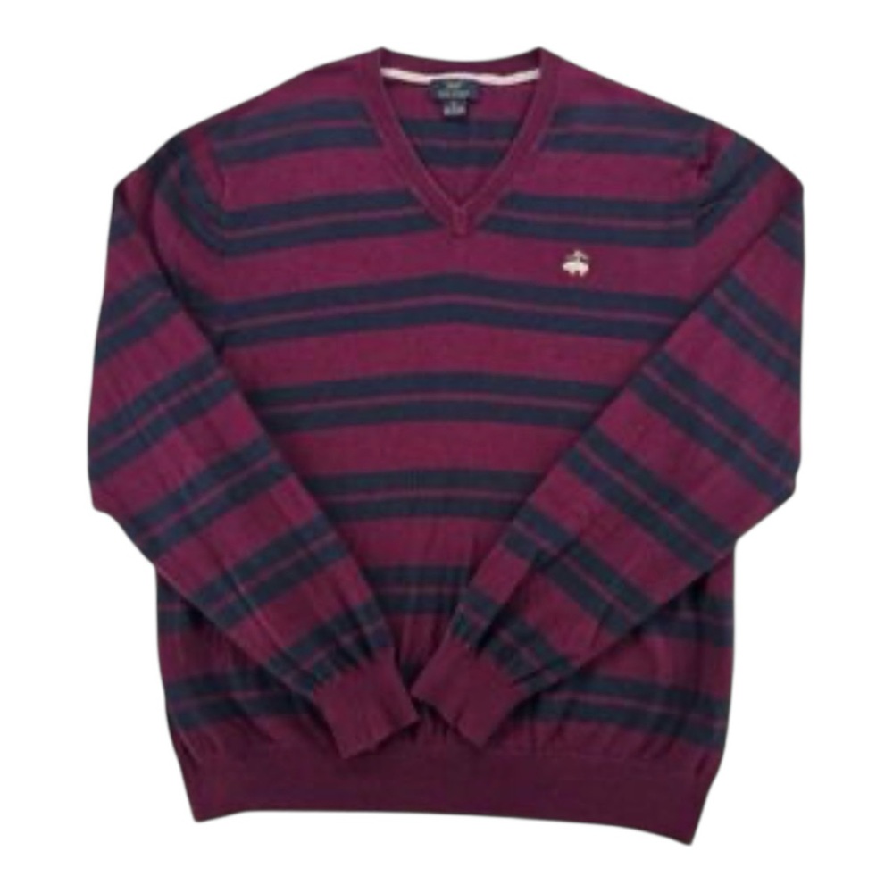 Men's Cashmere Cotton Striped V-Neck Sweater Burgundy Red Navy Brooks Brothers